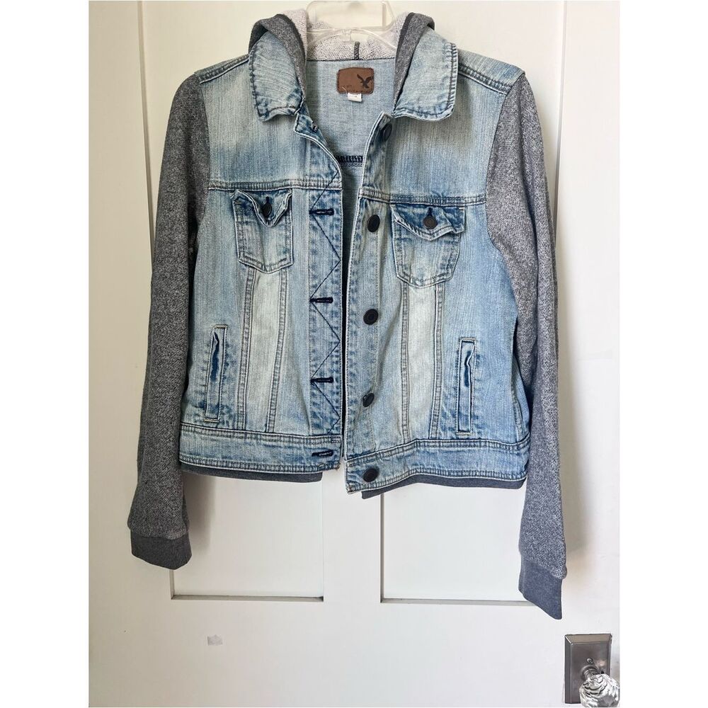 American Eagle Hooded Acid Wash Jean Jacket Gray Knit Sleeves Y2K Layering L